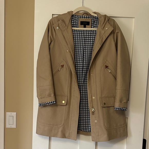 J. Crew Jackets & Blazers - J. Crew Tan Hooded Coat with Checkered Lining